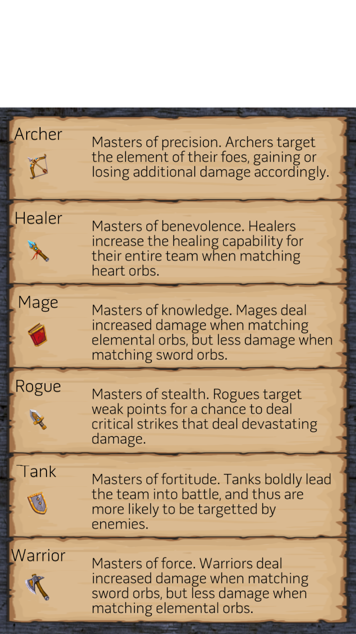 6 playable vocations and their descriptions: Warrior, Mage, Tank, Healer, Rogue, Archer.